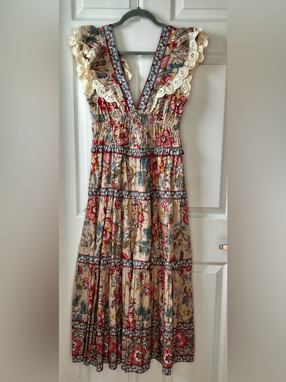 Sea New York Beige Floral Tiered Maxi Dress with Red & Blue Accents